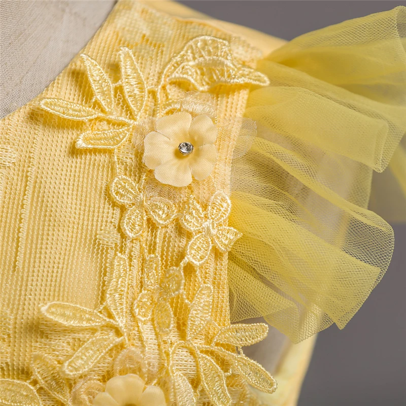 

Wedding Dress Elegant 2020 Vintage Costume Kids Dresses Girls Children Applique Princess Petal Dress Party Yellow Formal Gowns