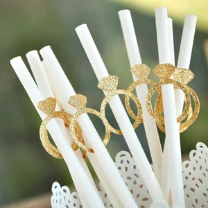 10pcs Gold Bridal Shower Straw Gold Ring Solid White Paper Party Straws Diamond Straws For Wedding B in Pakistan