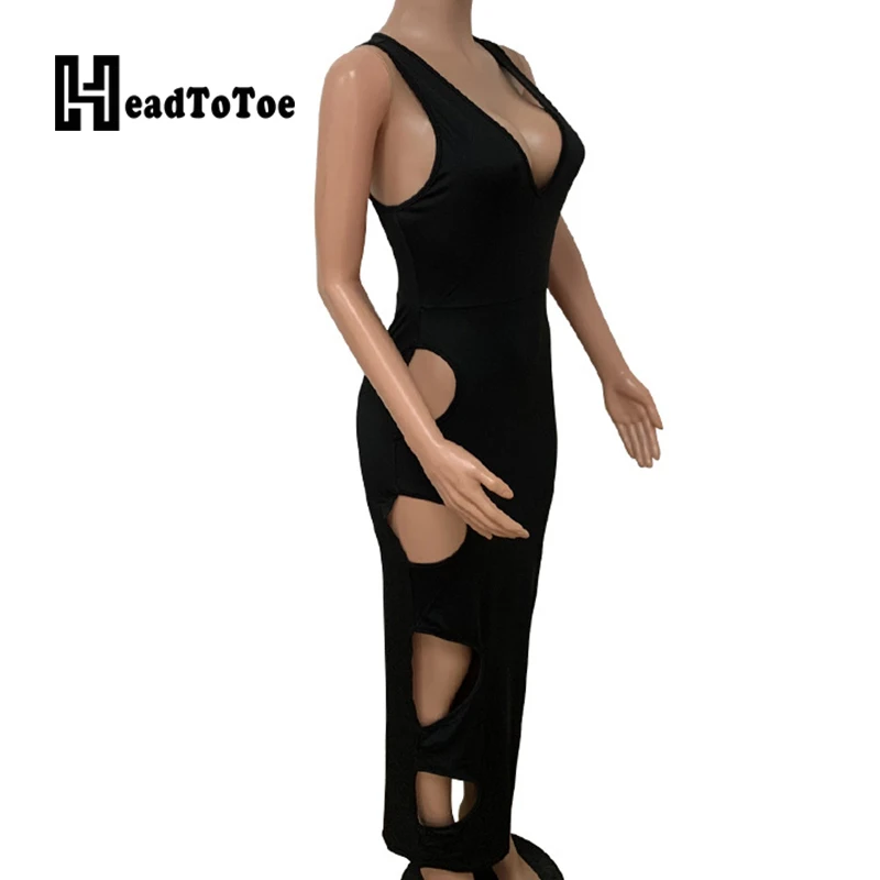 

Solid Hallow Out Sexy Dresses for Women Sleeveless Deep V Neck Straight Slim Mid-calf Dress Women