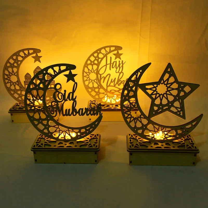 

LED Eid Mubarak Wooden Craft Ornaments Pendant Islam Muslim Party Home Decorations Moon Hollow Letters With LED Lights Ornament