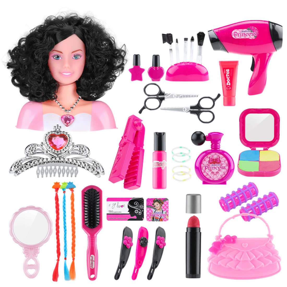 

37Pcs/set Children Makeup Styling Head Doll Hairstyle Toy with Hair Dryer Pretend Playset Gift For Girls' Birthday - 3811A-3