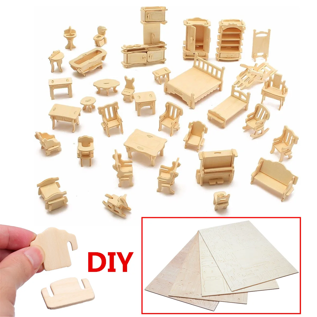 

34 Pcs 1:12 Miniature Dollhouse Furniture For Dolls Mini 3D Wooden Puzzle DIY Building Model Toys For Children Gift