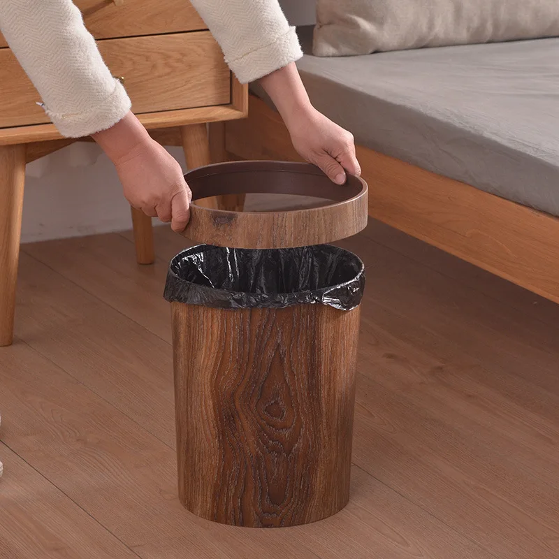 Retro Imitation Wood Grain Trash Can Household Creative Living Room Kitchen Bathroom Paper Basket Plastic Without Cover Large