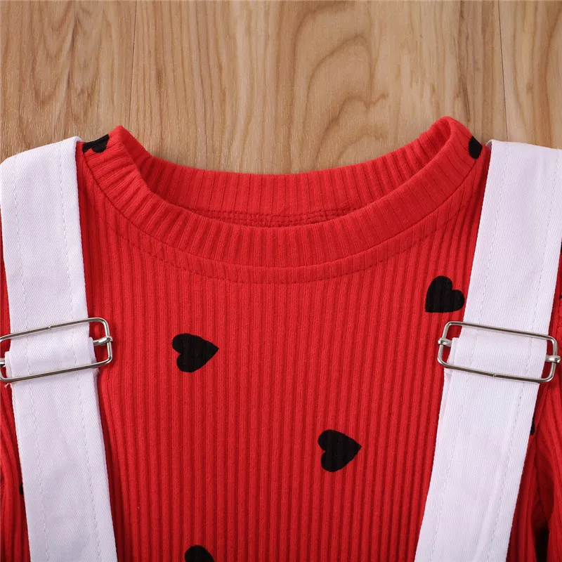 1-6Y Valentine Day Toddler Kid Baby Girl Heart Short Sleeve Tops T-shirt Bib Suspender Shorts Pants 2Pcs Set Clothes Outfit |