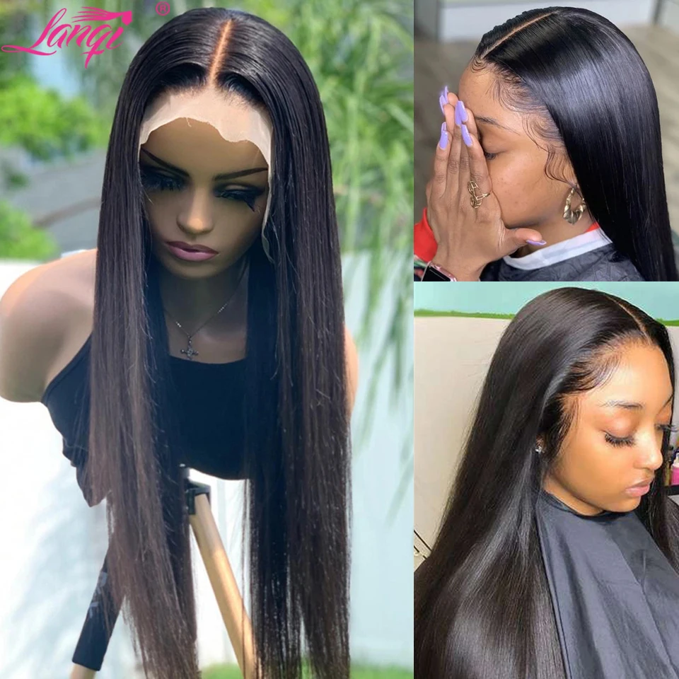 Lanqi 30 Inch Pre Plucked Bone Straight T Part Lace Frontal Wig Long Brazilian Lace Front Human Hair Wigs For Women Closure Wig