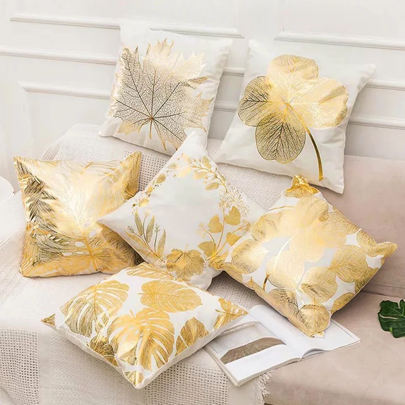 

New Gold Foil Leaf Printing Pillowcase Smooth Polyester Good quality Home Supplies Attractive Fashion Geometry Leaf Pillow Cover