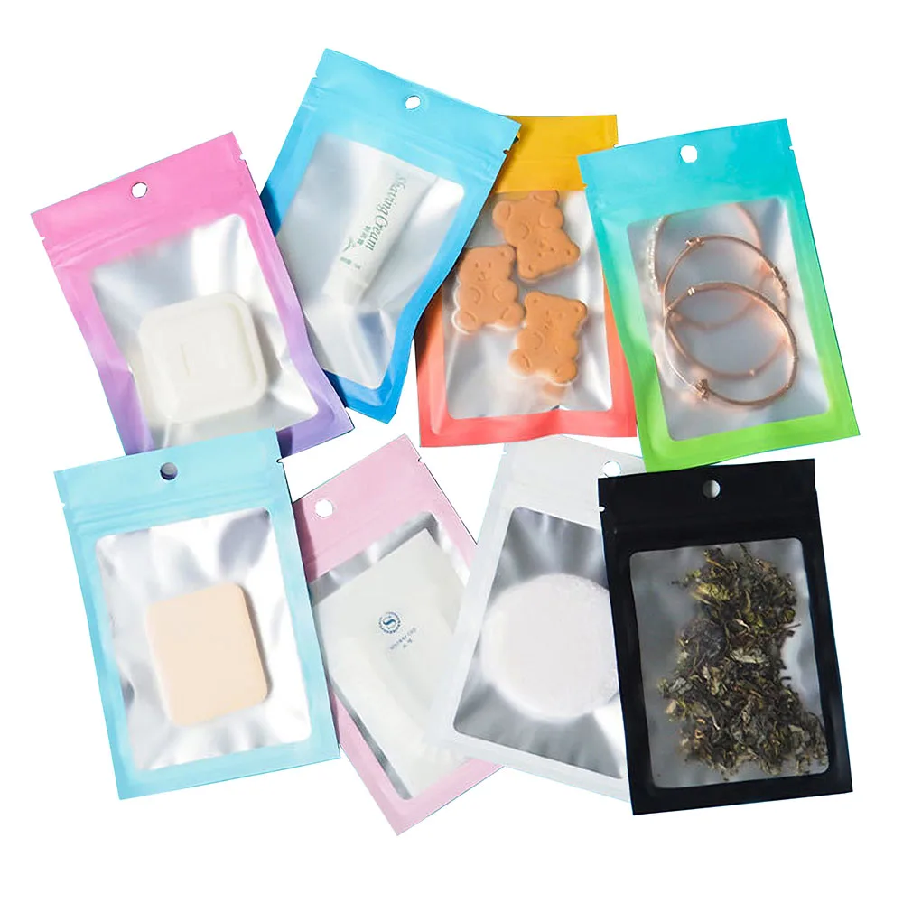 Colorful 100pcs Clear Front Aluminum Foil Mylar Ziplock Bags Smell Proof Plastic Zip Lock Flat Gift Bag Tear Notch Thick Pouches