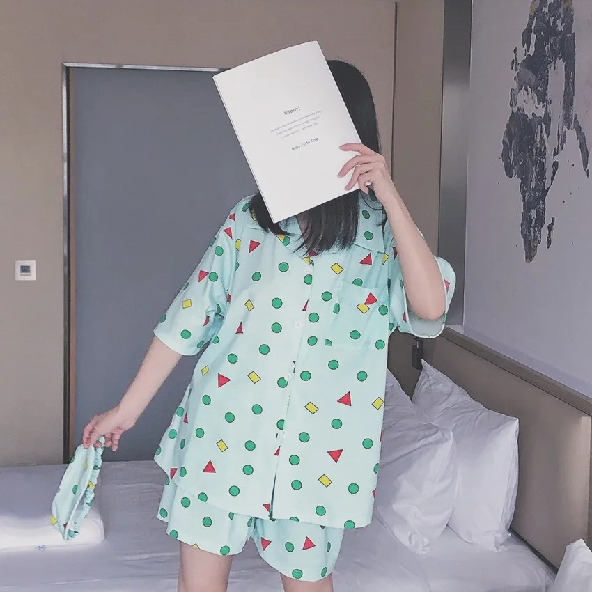 

2019 Summer Women Pajamas Set Cotton Flower Printed 2 Pcs Turn-down Collars Shirt+Pants Comfort Fresh And Nature Nightwear
