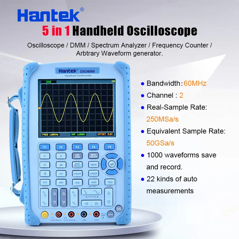 

Ручной осциллограф Hantek DSO8060 5 в 1, DMM/анализатор спектра/счетчик частоты/генератор произвольных сигналов