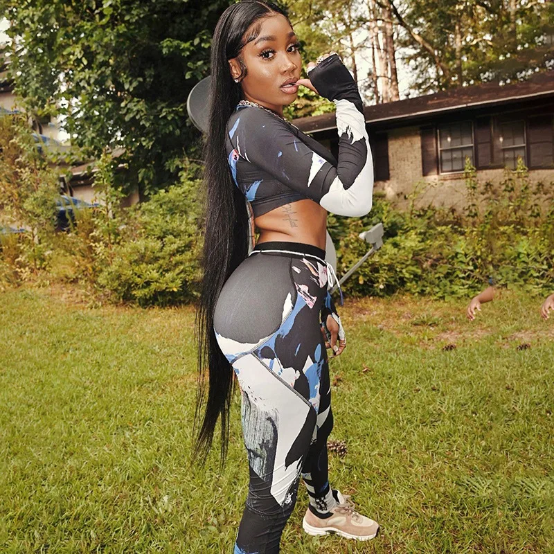 

Women High Quality Elastic Patchwork Skinny T Shirt + Drawstring High Waist Pant 2 Piece Set Summer Workout Casual Streetwear