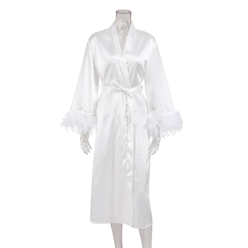 Hiloc Flare Sleeves Feather Robes With Fur White Wedding Sexy Robes Women Dresses Satin Bathrobe Female Sleepwear Fashion 2022