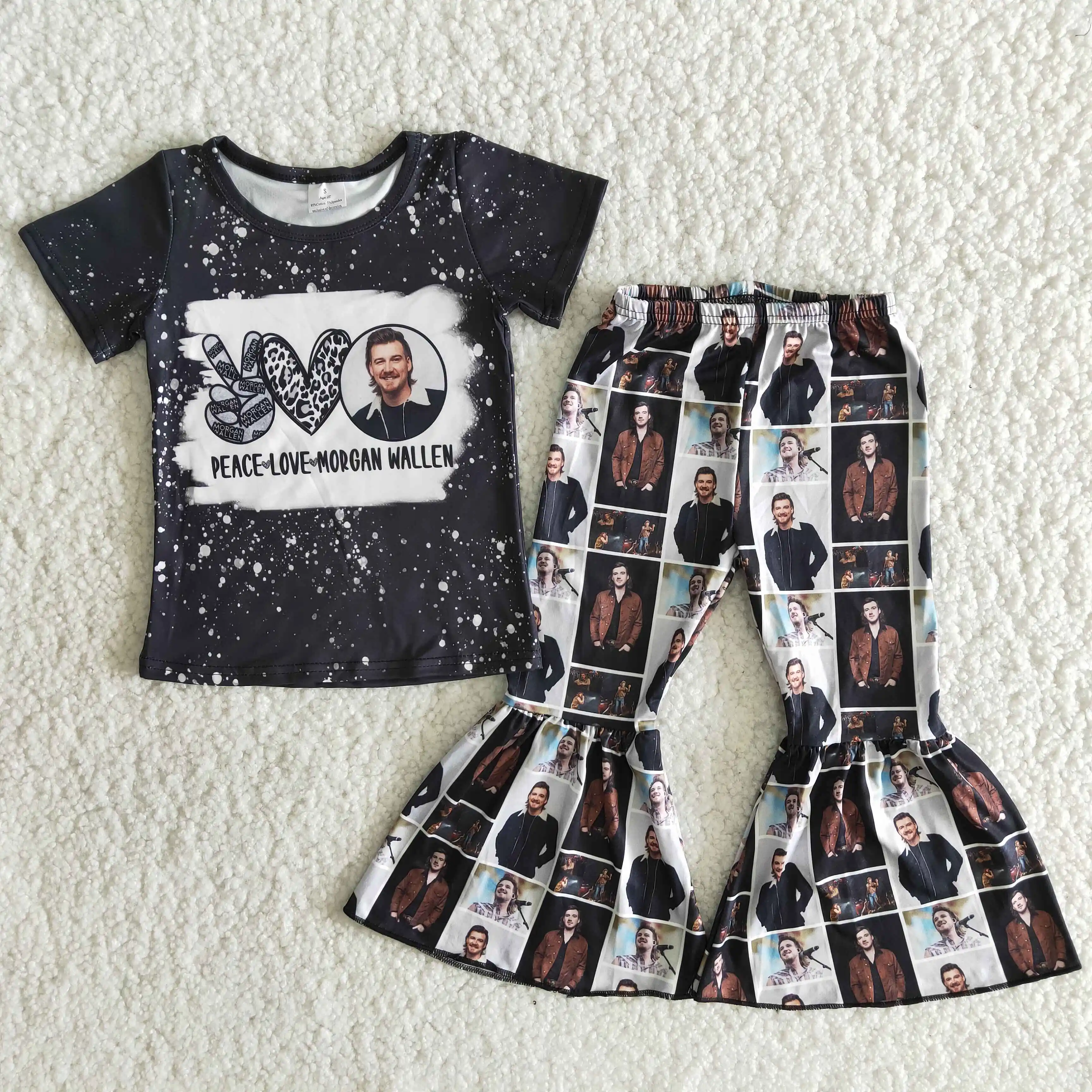 

Peace love singer character girl outfit spring and summer children's wear wholesale fashion girl's bell bottom trousers outfit