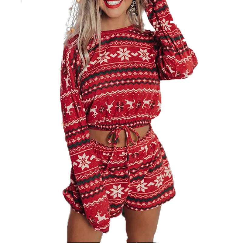 

Women Christmas Pajamas Sets Printed Full Length Regular Sleeve Round Neck Pullover Drawstring Decorated Top Shorts Set