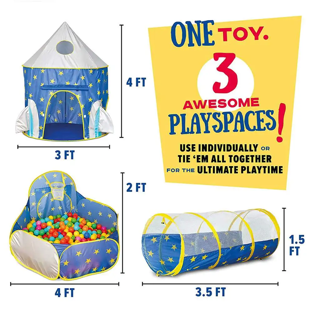 

3 In 1 Childrens Tents Rocket Ball Pit Tents Kids Tent Playhouse with Crawling Tunnel for Baby Toddlers Space Astronaut Theme