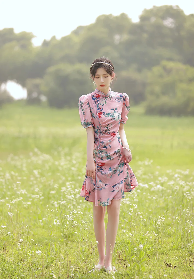 

Traditional Oriental Cheongsam Sexy Slim Vestidos Improved Summer Classic Mandarin Collar Qipao Gown Chiffon Short Chinese Dress