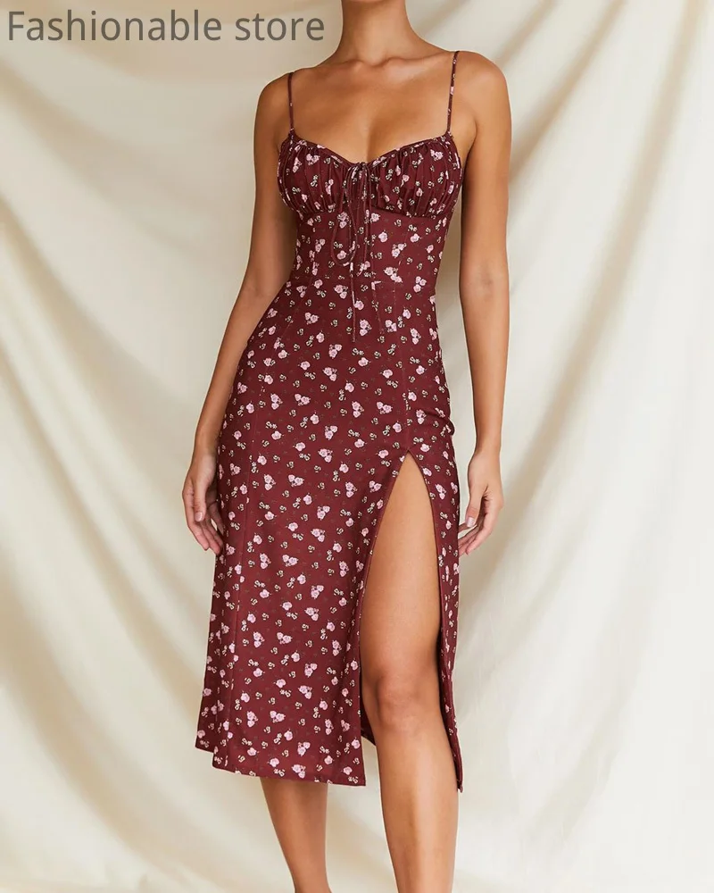 

Women Fashion Floral Print Spaghetti Strap High Split Dress Casual Lace-up Sleeveless Vestidos