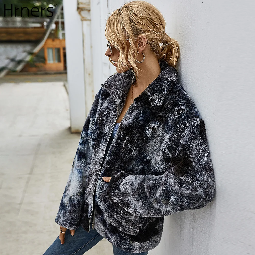 

Hrners Autumn Tie Dye Faux Fur Female Coat Fluffy Womenâ€˜s Spring Jacket 2021 Thick Lapel Stand-Up Collar Long Sleeve Windbreaker
