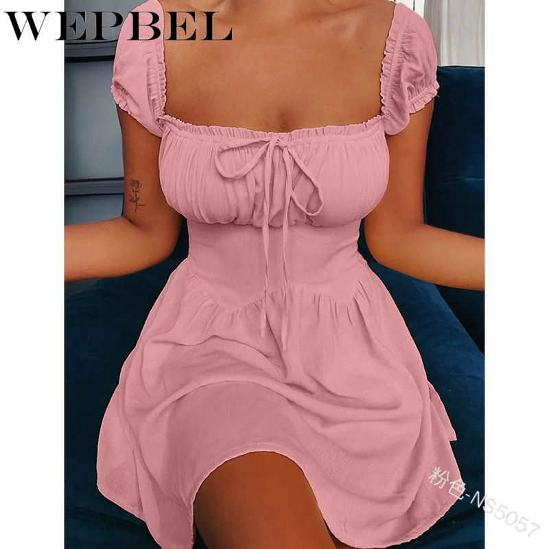

WEPBEL Women Summer Sexy Mini Dress Casual Ladies Short Puff Sleeve Square Collar Ruched Dress Party Dress