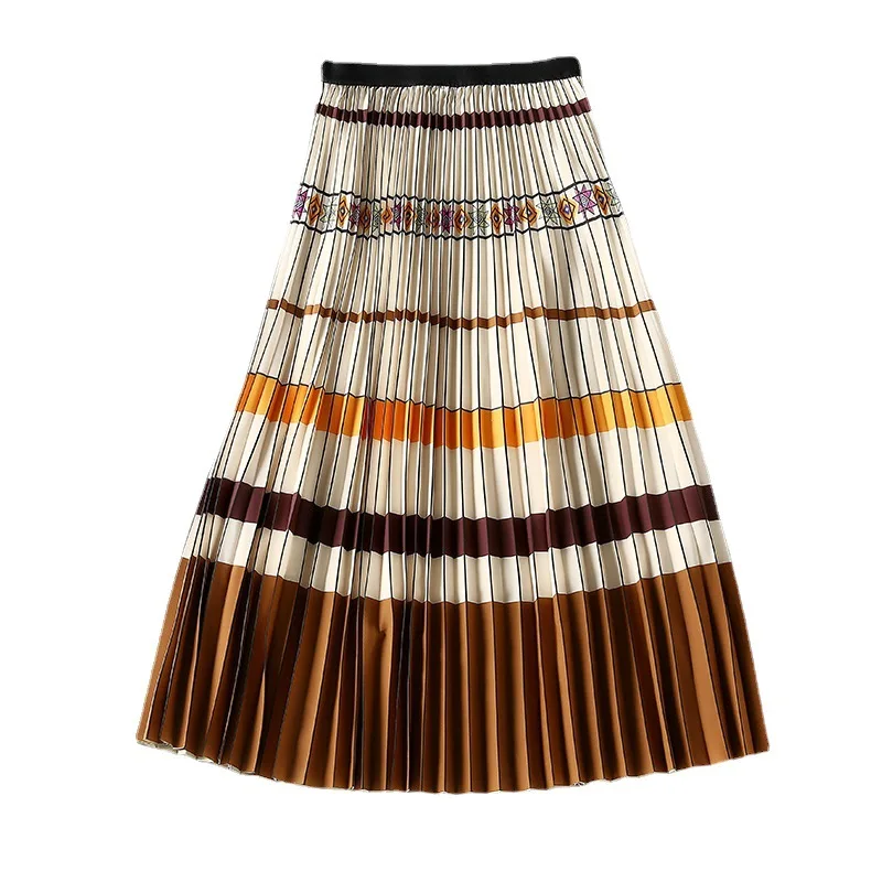 

Spring/summer 2021 va va voom pleated skirt split mid-length skirt slim brown printed high waist skirt