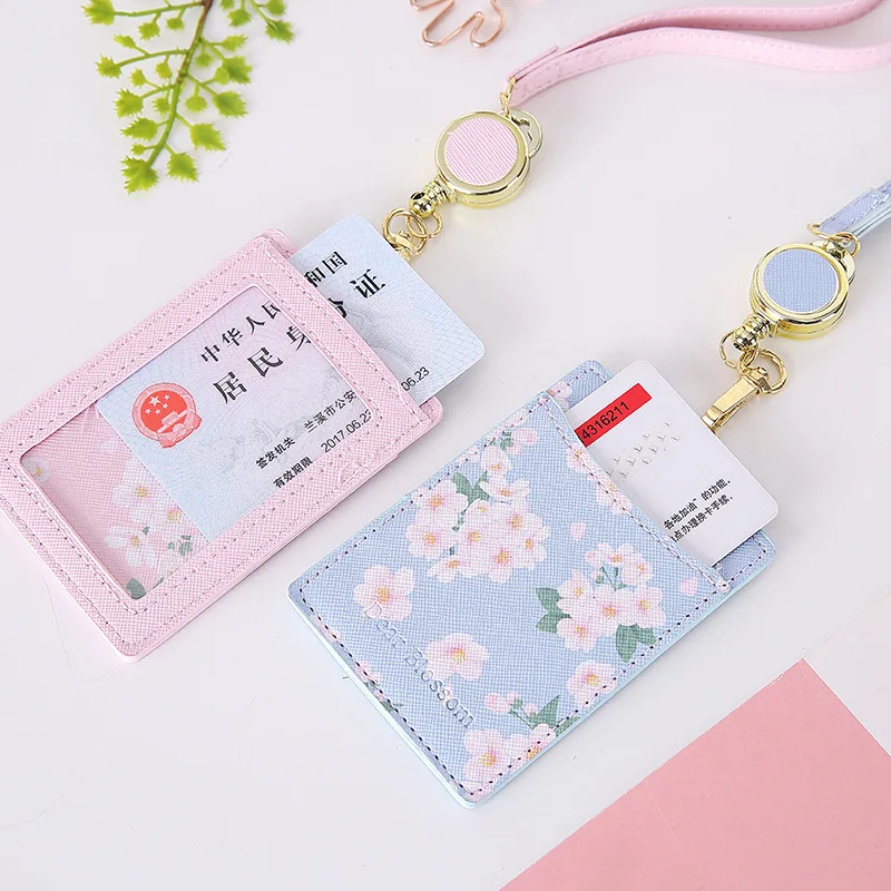 

Newest Baeutiful Flowers 2 Bits Shaped Named Card Holder Identity Badge Reel With Lanyard PU Neck Strap Card Bus ID IC Holders