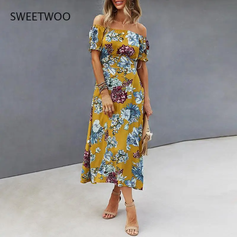 

New Women's Dress with One-Shoulder Temperament and Elegant Bohemian Style Dress 2021 Summer Print Big Swing Dress