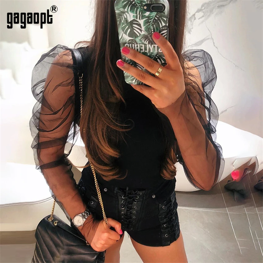 Gagaopt O Neck Mesh Crop Tops Women Autumn Shirts Lady Sexy Perspective Stitching Party Blouse