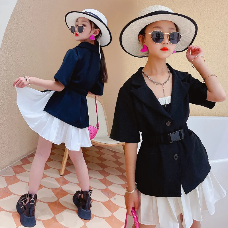 

Ms.Qiman Children's Sets Summer Girls Blazers Coats Short Outerwear with Skrits Big Girls Fashion Jackets Sets Kids White Skirts