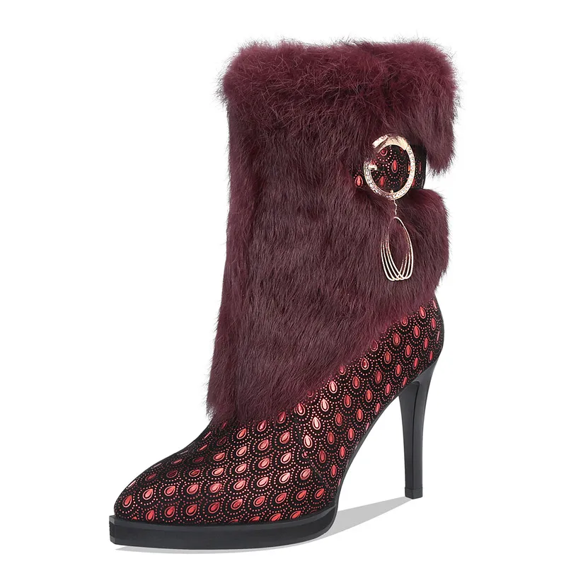 

Новые кожаные кашемир с кроличьим мехом; Женские ботильоны с острым носком на высоком каблуке и платформе; Женские туфли на молнии с металли...