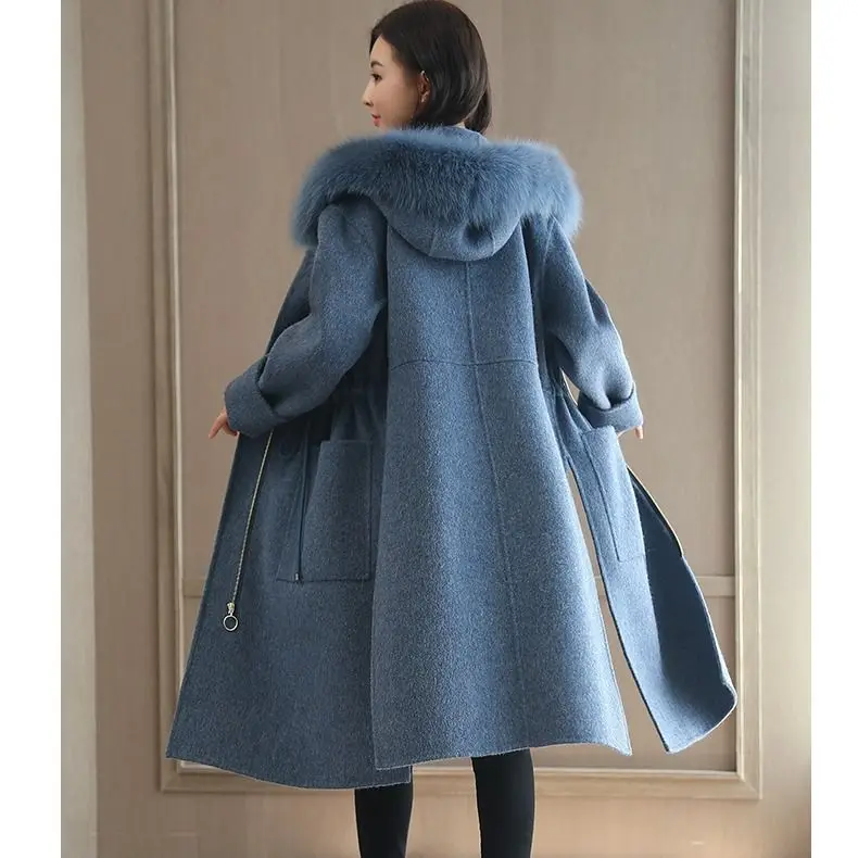

Women Woolen Coat Long Over-Knee Trench Coat Slim Women Zippers Jacket Pockets Fur Collar Cashmere Fashion Elegant Coat Jacket