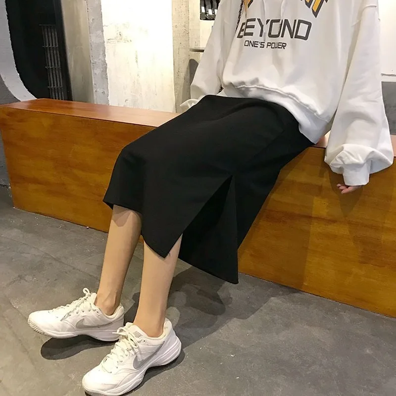 

Skirts Womens All-mach Side-slit Elegant Loose Chic Daily New Streetwear Empire Solid Black Stylish Fashion Simple