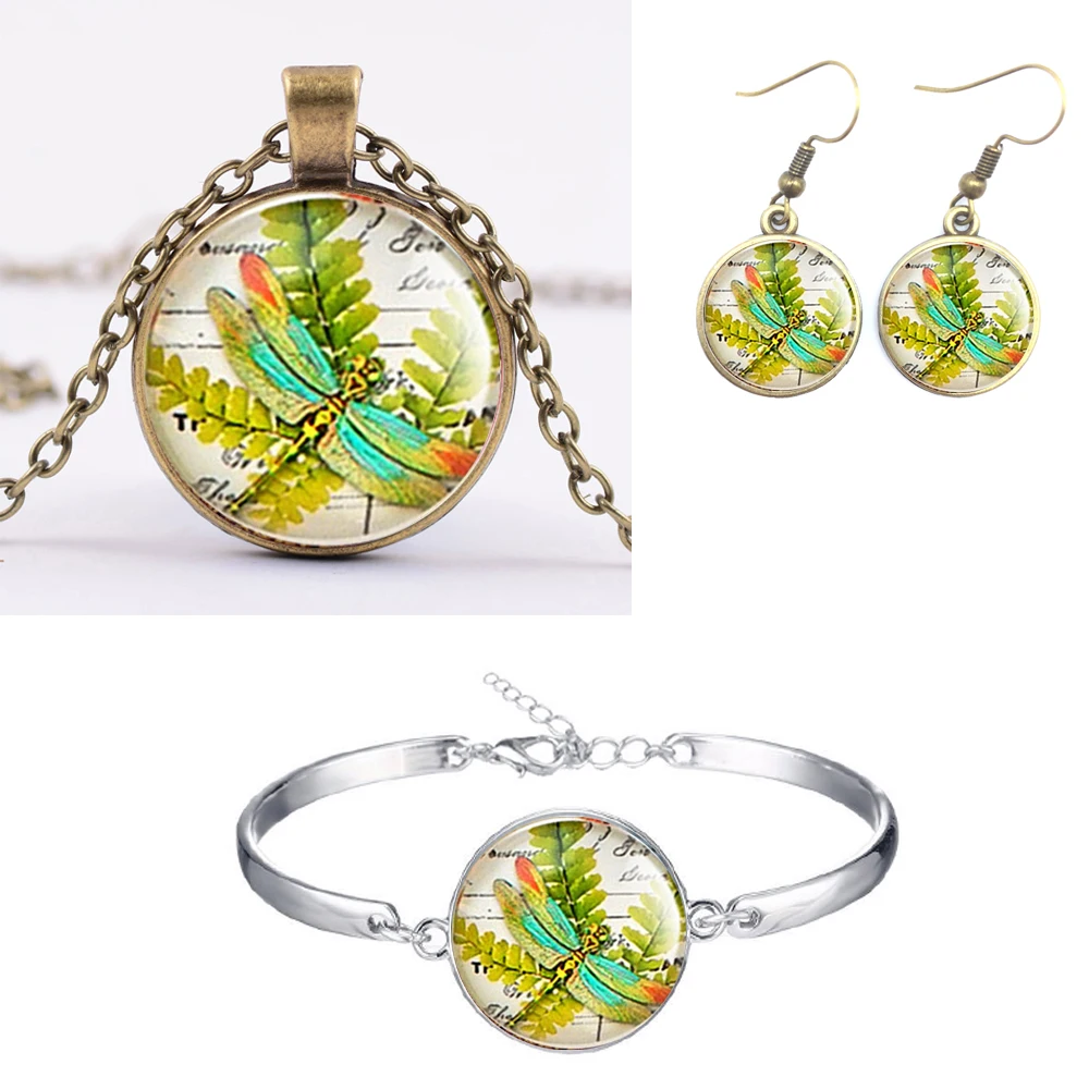 Популярный ювелирный комплект ожерелье браслет серьги стеклянная стрекоза