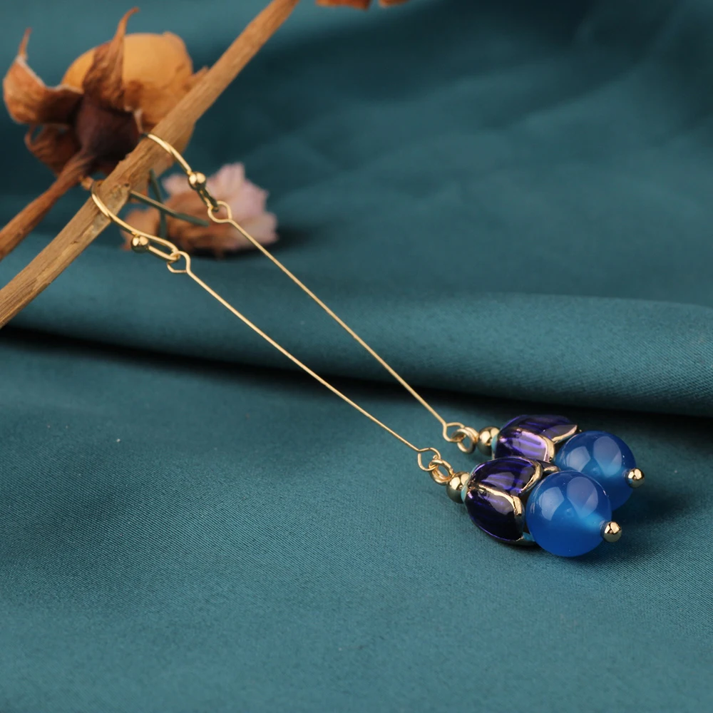 

2021 NEW Summer Blue Flower Vintage cloisonne Delicate agate Small Drop earrings Ethnic Chinese style Jewelry for women's