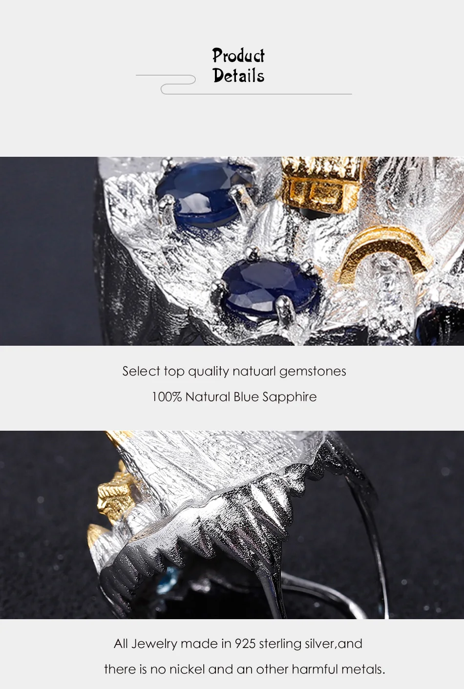 GEM'S BALLET 925 Sterling Silver Temple Mountain Natural Blue Sapphire Handmade Gemstone Rings For Women Halloween Horror Story