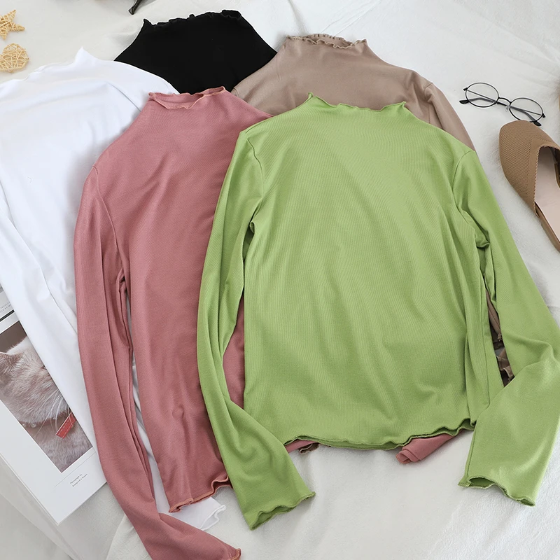 

Корейская женская футболка Ulzzang, Весенняя однотонная Повседневная Водолазка с длинным рукавом, женские топы, милые футболки, модная облегаю...
