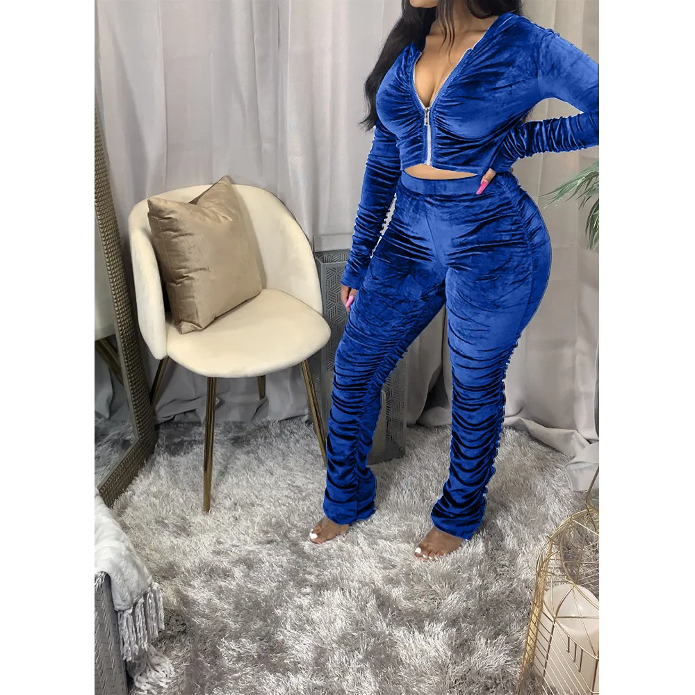 Winter Velvet Stacked Women's Set Zipper Hoodies Ruched Pants Set Sport Tracksuit Two Piece Outfit Active Sweatsuit