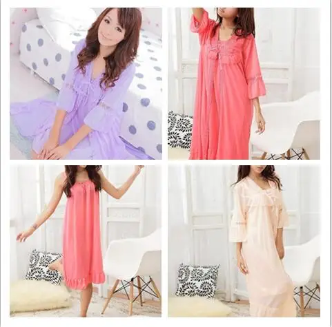 1 piece 2 in 1 female lady pajamas sets sexy ice silk sling nightdress nightgown two-piece tracksuit lace robe sets Nightwear