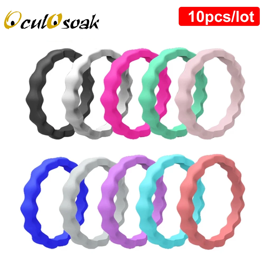 

10pcs/set Wavy Silicone Rings Flexible Couple Wedding Engagement Rubber Finger Ring Food Grade Environmental Silicona 3mm Width