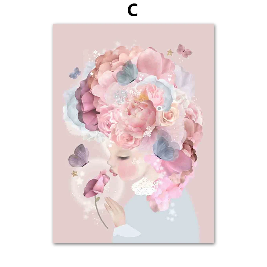 Настенная картина розовая Луна лиса лошадь Лебедь бабочка девушка цветок