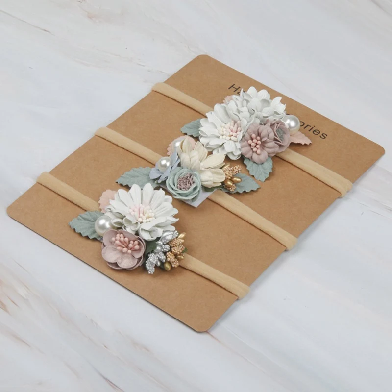 Модная детская лента для волос из нейлона с искусственным цветком эластичная