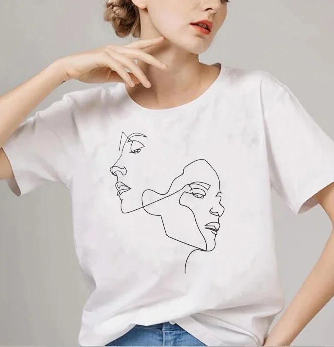 

VIP HJN Two Side Face Head Art Drawing Graphic Summer Fashion Korean Fashion Casual Funny Cute Street Style Women Tee T-Shirt