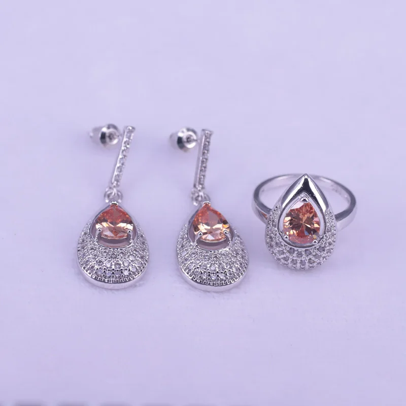 Risenj 925 Sterling Silver Jewelry Pear Champagne Zircon Stud Earrings Ring Necklace Bracelet Set Romantic Bridal