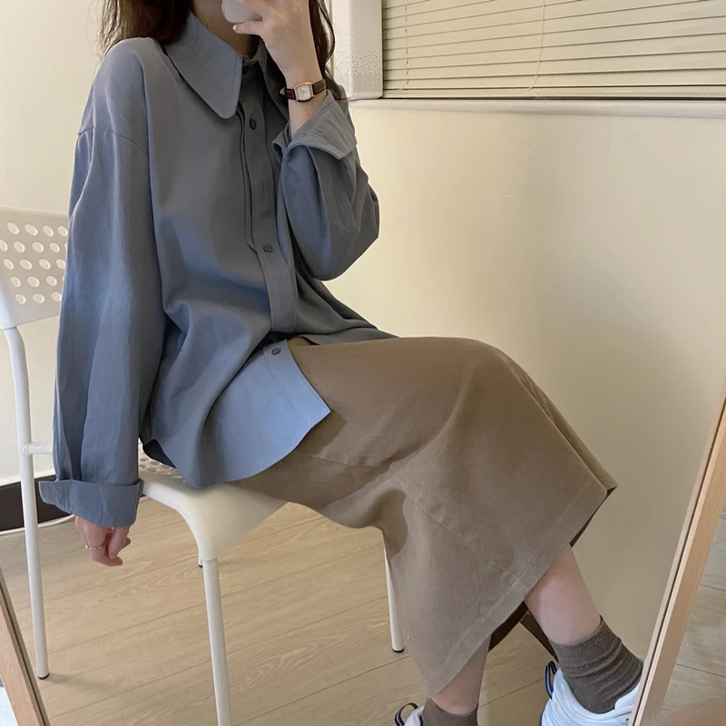 

2021 All Match Minimalist Fashion Brief Oversize Solid Tops Retro Femme Streetwear Gentle Elegant Chic New Shirts