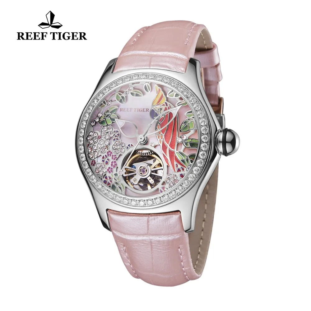 

Reef Tiger 2021 Diamonds Fashion Watches Women Steel Genuine Leather Strap Automatic Analog Watches Waterproof RGA7105