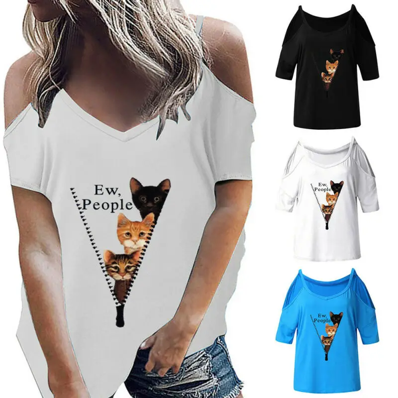 

Womens Cold Shoulder V Neck Cute Cat Printed Tunic T-Shirt Casual Loose Tops Tee