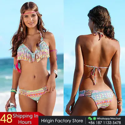 

2017 Sexy Women Swimwear Tassels Bikinis Set Bandage Push-Up Padded Swimwear Swimsuit Bathing Bather Beachwear Beach Outwear