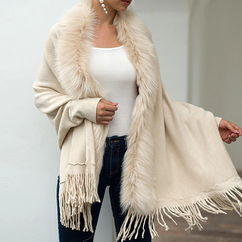 

Autumn Winter Fashion Elegant Shawl Cloak Women Solid Fur Collar Fringe Cape Ladies Batwing Sleeve Loose Cardigan Poncho