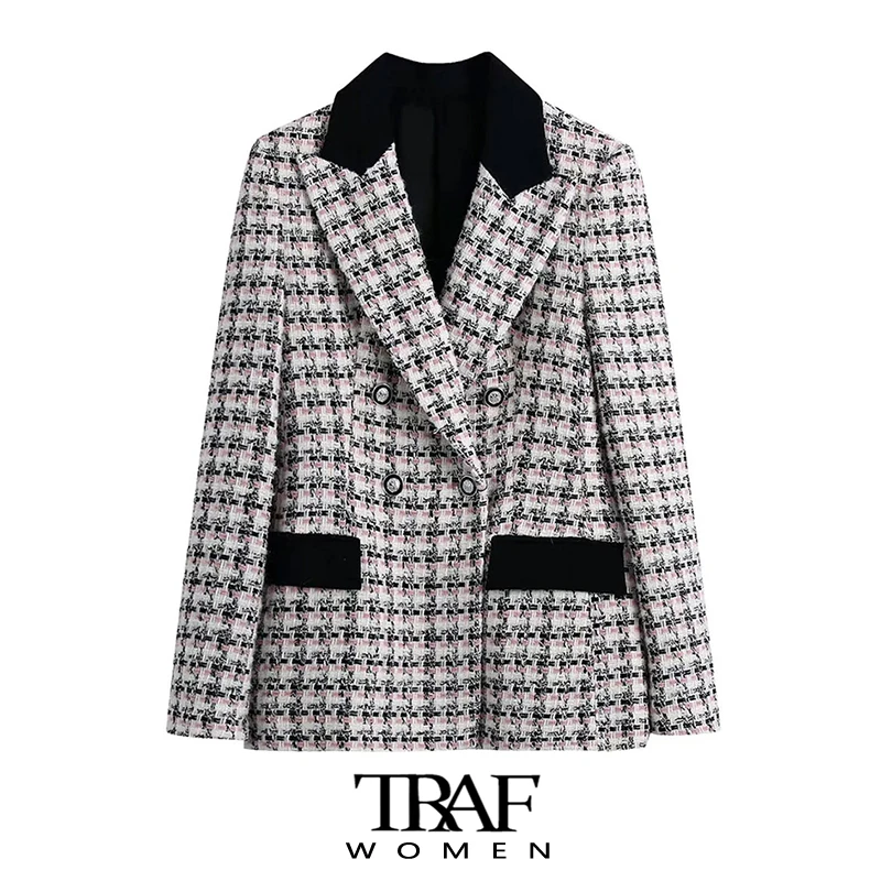 

Женский двубортный твидовый Блейзер TRAF Za, винтажный пиджак с длинными рукавами и карманами, верхняя одежда в клетку