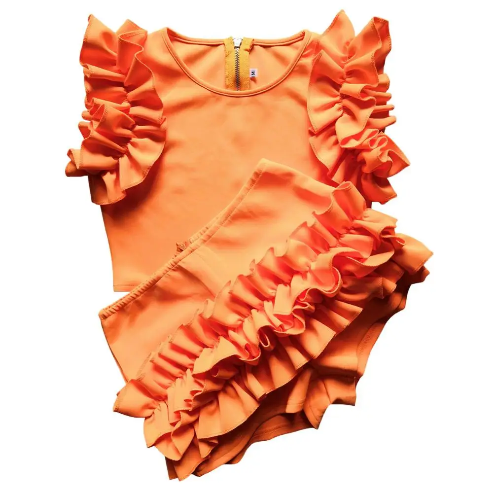 BI353Orange VIKINII Летняя Сексуальная женская пляжная одежда оранжевого цвета, Женский комплект из двух предметов с рюшами, без рукавов, кружевные укороченные топы с высокой талией, шорты - Цвет: BI353Orange