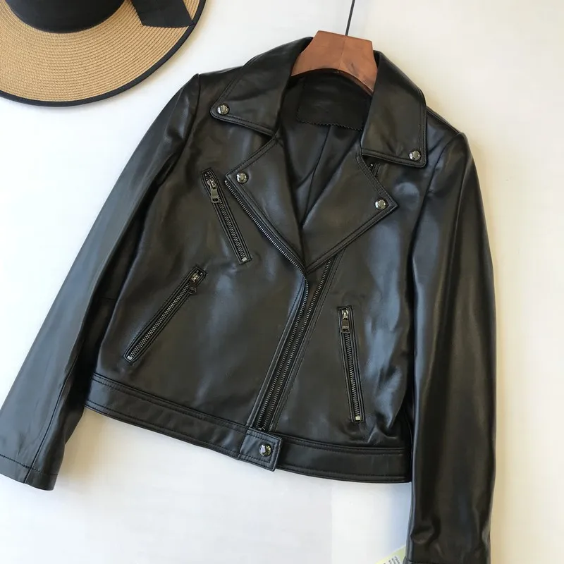 Top Quality Slim Fit Ladies Fashion Real Sheepskin Coat Rivet Motorcycle Biker Jacket Coat For Women jaqueta feminina