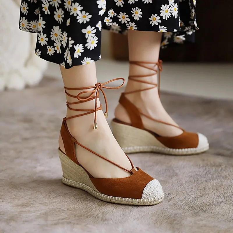 

British Style Female Summer Slingback Sandals Women Suede Sewing Straw Platform Ankle Strap Lace Up Wedges Heels Shoes Size 44